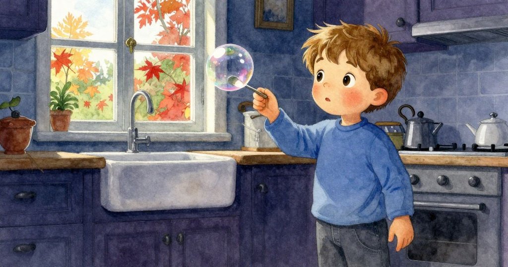 溫馨廚房內，泡泡接觸到懸掛的湯匙，窗外秋意濃，落葉輕舞，隱隱聽到大人聲音。