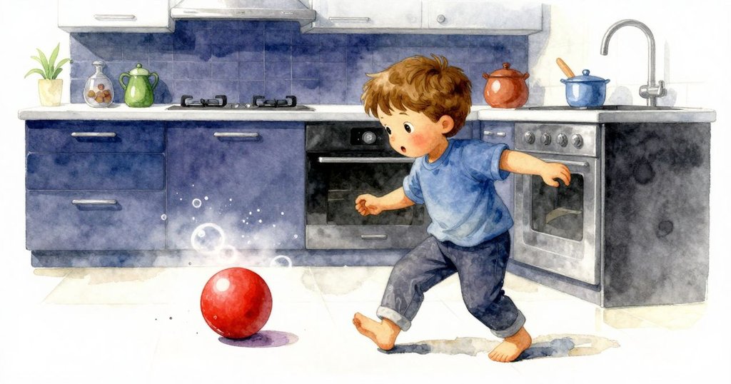 泡泡破裂留下一圈濕痕，霍利斯踮腳注視著小紅球在廚房檯面上滾動，動作靈活充滿童趣。