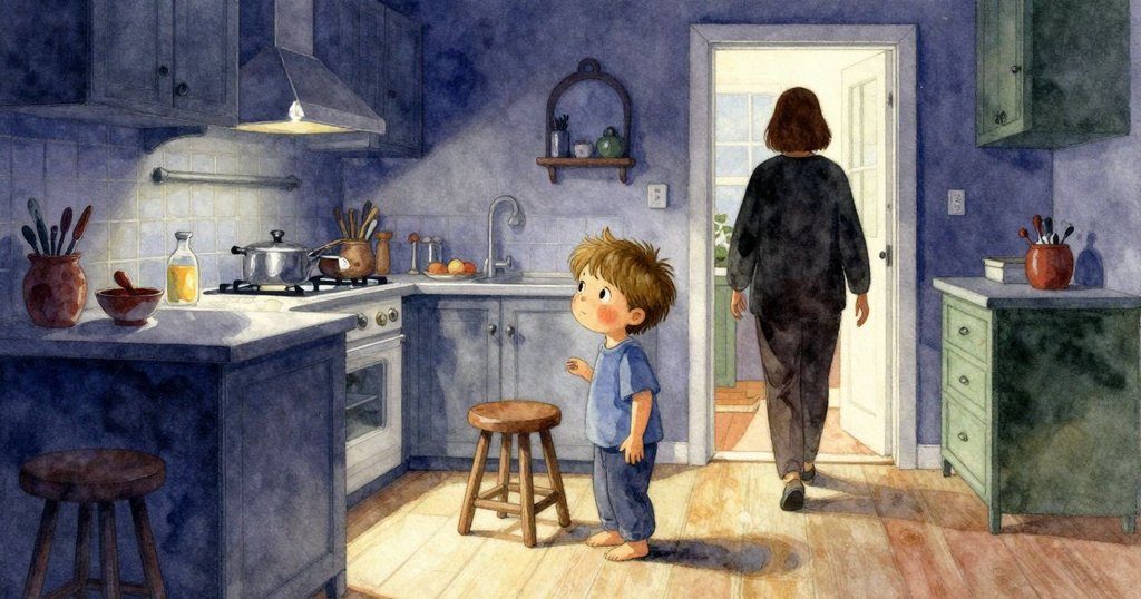 霍利斯靜立於凳旁，目送大人悄然離去，廚房充滿淡淡肥皂香與溫柔氛圍，寓意故事圓滿。