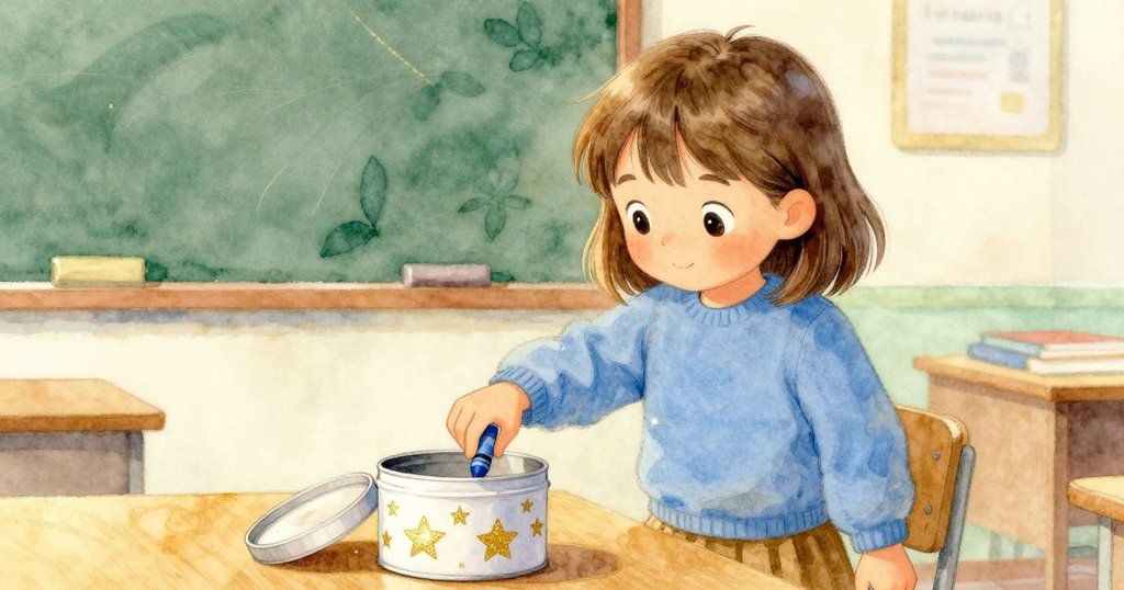 格蕾塔在桌上打開蠟筆盒，裡面閃爍金星貼紙吸引目光，藍色蠟筆輕輕碰撞散發溫暖光澤