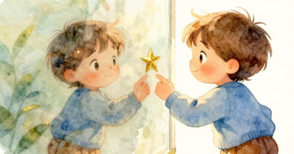 格蕾塔輕觸金星貼紙，貼紙在玻璃上的倒影閃爍，捕捉到微妙而充滿驚喜的發現瞬間