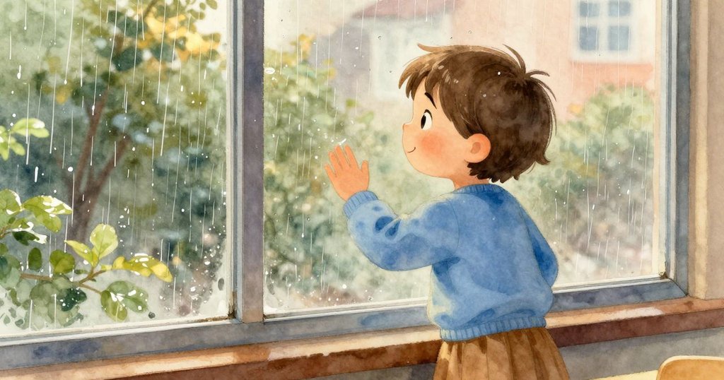 課室窗外細雨輕敲玻璃，雨滴反射出細膩光影，營造出充滿魔幻與寧靜的背景氛圍