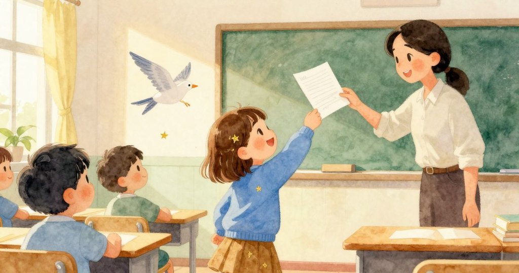 格蕾塔快樂地舉著修復的金星貼紙，老師扶穩飛散的文件，一隻紙鸚鵡輕巧掠過，場面充滿互動溫馨