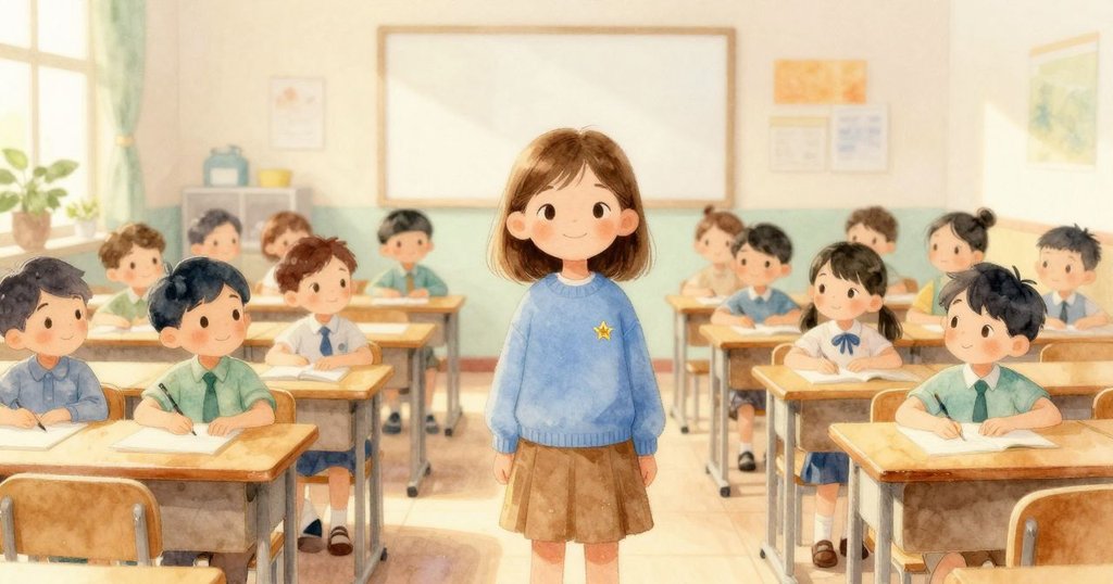 課室恢復寧靜，格蕾塔滿懷喜悅地握著心愛的金星貼紙，整個房間溫暖柔和，充滿平和結局感