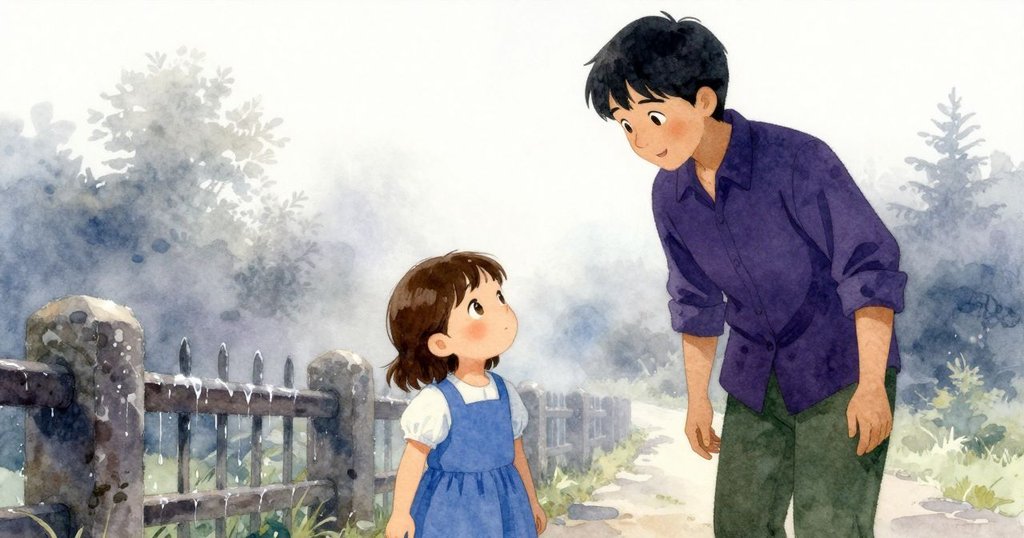 Juliet站在籬笆旁凝望滴水石頭，背景有長者與似城堡形狀的雲朵，晨霧中展現恬靜氛圍。