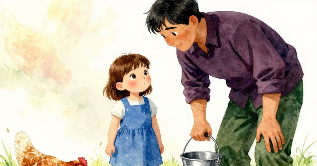 Juliet與長者注視掛在籬笆邊的桶柄，雞輕步踱近，金屬反光與陽光交織出細膩畫面。