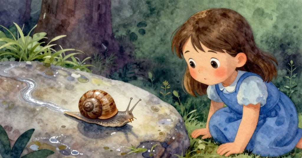 高角度鏡頭捕捉蝸牛滑過濕石，銀色痕跡閃爍，Juliet從上方凝視，滿懷驚奇。