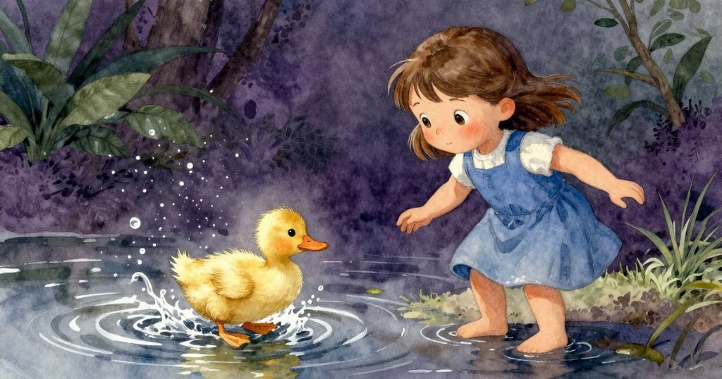 時間流逝中，鴨子在水邊盡情嬉戲濺起水花，Juliet專注觀看，氛圍由晨柔轉向明亮活力。