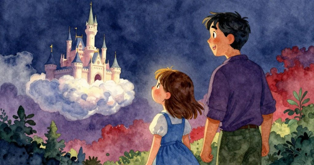 Juliet與長者面帶笑容仰望天際呈城堡形雲朵，金光灑落下共享大自然奇景，洋溢著慶祝之情。