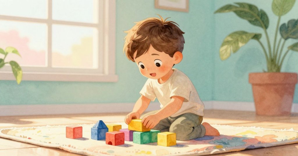 Yorick在柔和晨光中整理積木，他的身影清晰顯現，房間溫馨，動作明快展開故事起始情節