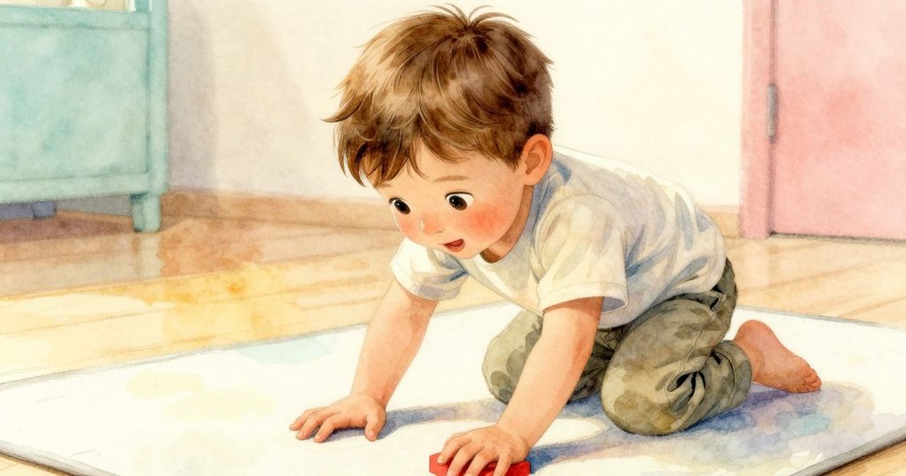 Yorick小心翼翼地抬起紅色積木，腳步踏在柔軟墊子上，細節豐富，傳達專注與溫暖家庭環境