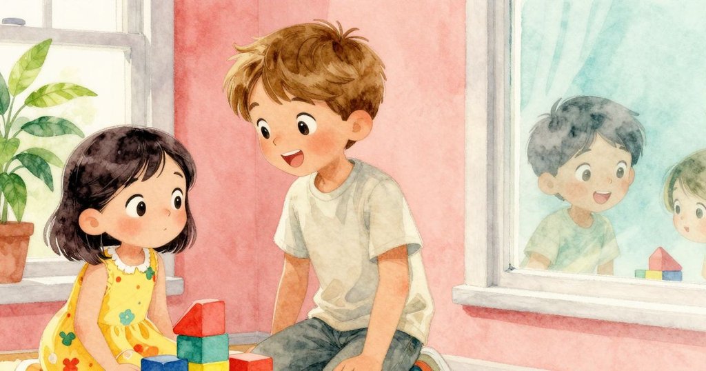 Ines站在近處注視積木排列，窗戶反射出她驚喜的神情，室內光線柔和，故事逐步展開