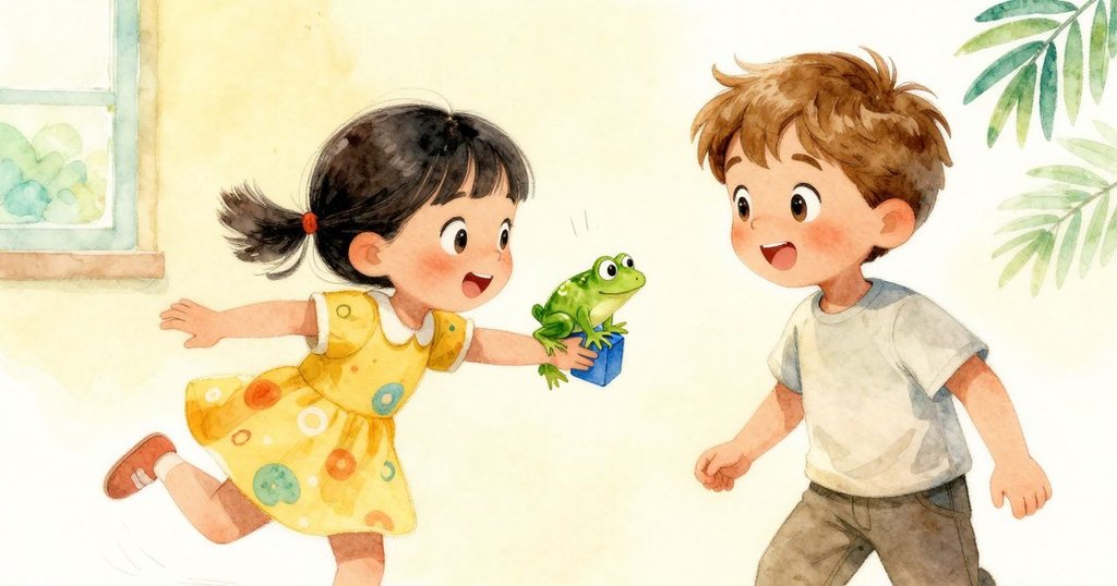 小青蛙玩具跳躍碰到藍色積木，積木滑動出排列，營造出輕快戲劇性場景，房間明亮溫暖