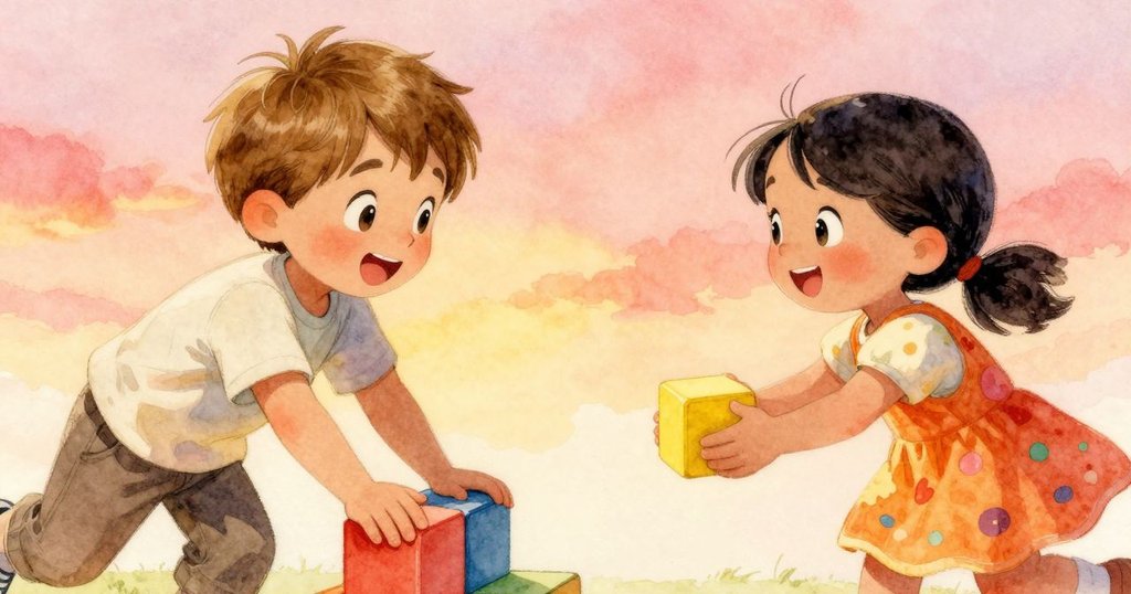 Yorick穩住滑動的積木並歡快拍手，Ines將黃色積木遞給他，場面溫暖協作，充滿喜悅