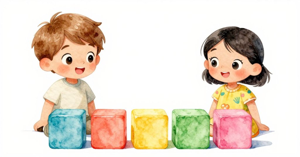 Yorick將黃色積木放在整齊排列的積木行尾，Ines輕輕敲打地面，象徵合作完成與溫馨結局