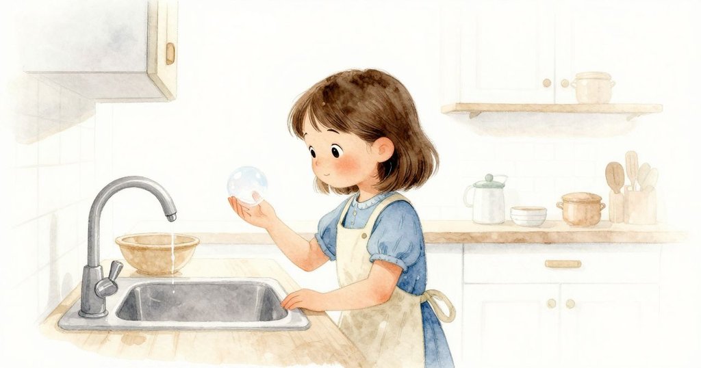 Celina站在溫馨廚房水槽邊，注視著滑動氣泡，柔和光線營造寧靜與期待，展開故事開端。