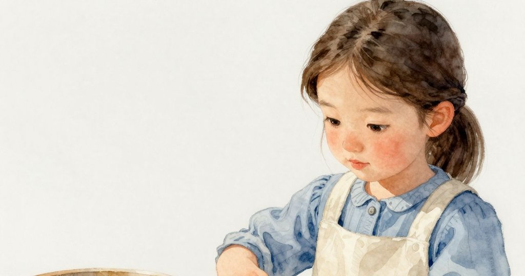 Celina輕觸桌面上散落麵粉的細膩紋理，溫柔光線中表現出家中豐富細節，故事進入細節描繪。