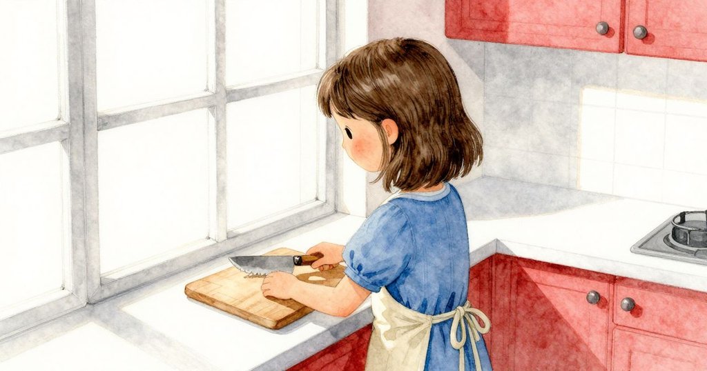 從高角度觀察，Celina朝窗戶走去，光線灑在砧板上，室內充滿紅色點綴與溫暖光影，進入故事發展。