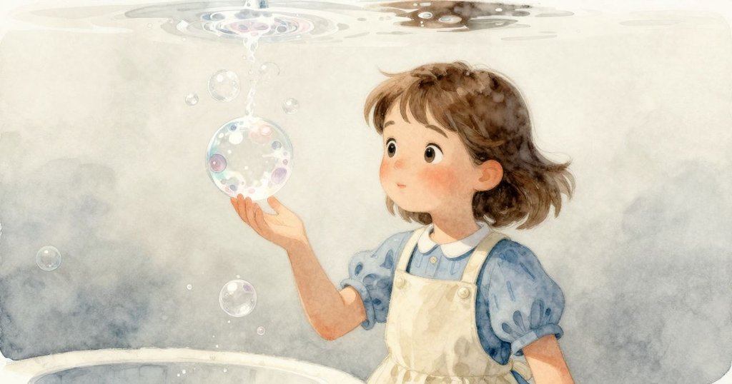 透過水下視角觀察，氣泡在水龍頭下優雅滑動，透明水層中的柔光營造出夢幻般的廚房情境。