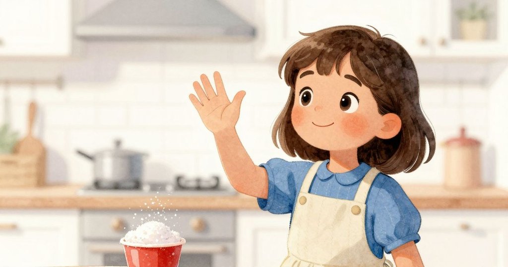 Celina面帶溫暖微笑向節日杯揮手，閃爍的糖粒與柔光交織，廚房中氣泡依然靜靜滑動，迎來溫馨結尾。