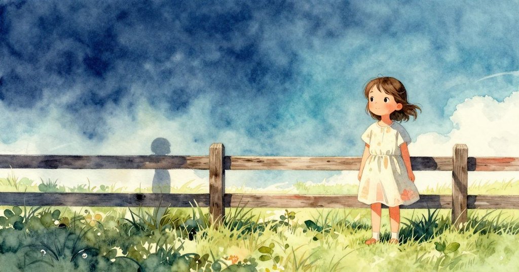 諾拉在晨光中站在木柵欄旁,以剪影形式呈現,背景是綠色草地和明亮天空,展現探索期待的神情。