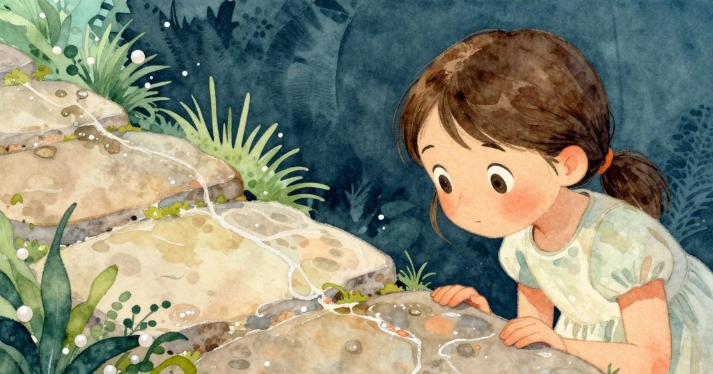 諾拉靠近一塊溫暖石頭上閃爍著銀色濕線,鏡頭近距離捕捉物件神秘光澤及細緻質感,映出她的好奇神情。