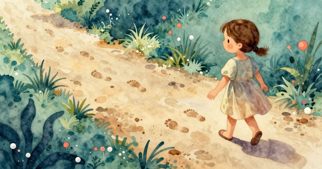 諾拉沿著軟泥中排列成圓圈的濕印前進,鏡頭斜角捕捉生動紋理,展現出探索過程中的驚奇與好奇。