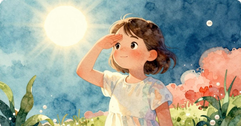 諾拉在強烈日光下舉手遮擋眼睛,鏡頭近距捕捉她深思的神情與陽光交織的美感,營造出戶外溫暖氛圍。