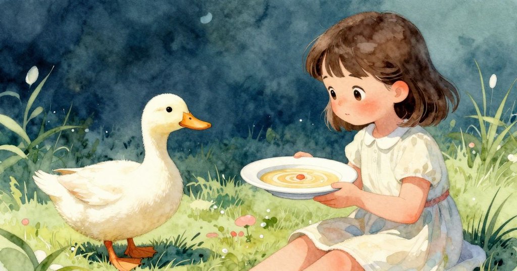 諾拉走向低矮柵欄旁的白盤,盤上薄湯與綠色香料靜謐呈現,鴨子好奇地靠近,畫面洋溢著溫柔互動。