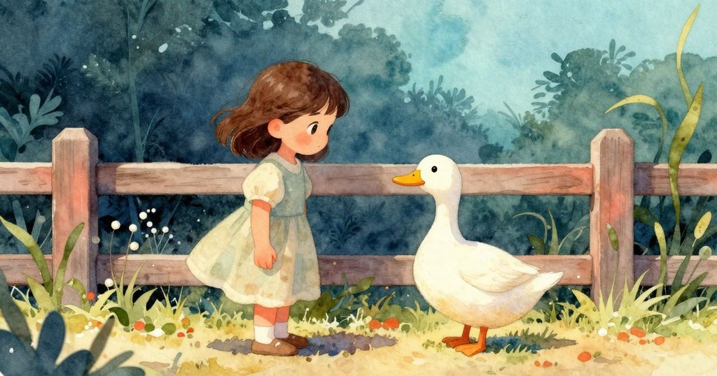 諾拉與鴨子在木柵欄旁共享溫暖重逢時刻,寧靜自然中二者眼神交會,展現出和諧與幸福氛圍。