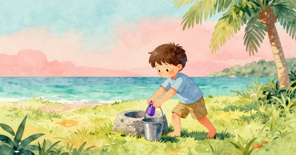 拉金在青草地上,手持紫色玩具章魚,在光亮石槽前使用正方形水桶,背景有雞群和鐵軌,充滿活力。