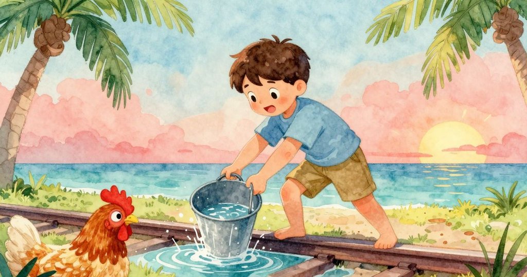 從一隻雞的視角觀看,拉金正用正方形水桶舀水,紫色章魚在光線中閃耀,周圍有飛揚灰塵和草地。