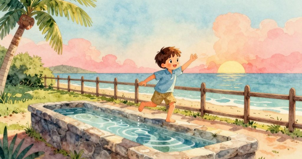 日落時分,拉金站在籬笆旁觀察石槽中水波蕩漾,夕陽餘暉映照草地,呈現平靜而溫暖的氛圍。