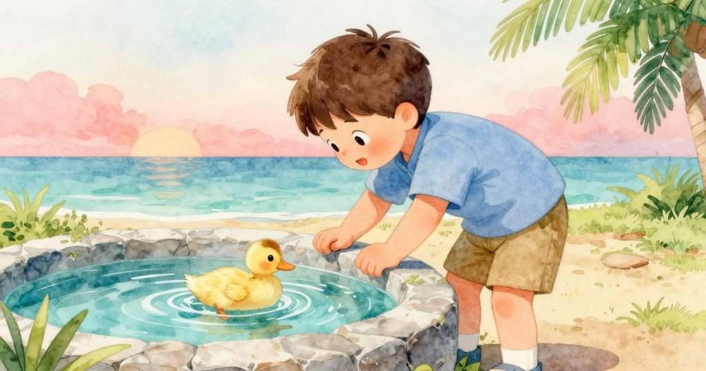 拉金忽然發現一隻小鴨正從石槽中悠然游過,他滿臉驚喜,水面波光粼粼,充滿發現與愉悅。