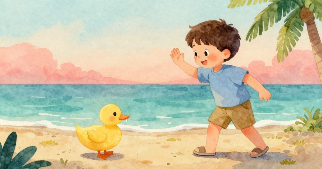 傍晚時分,拉金手持滴水紫色章魚玩具目送小鴨離去,他靜靜揮手告別,草地在夕陽下散發溫柔光暈,充滿告別情懷。