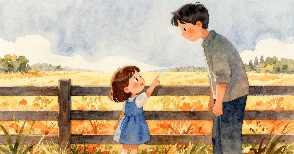 艾拉站在農場邊緣，與大人互動指向大門，溫暖陽光灑在廣闊的青草地上，情景開啟冒險故事。