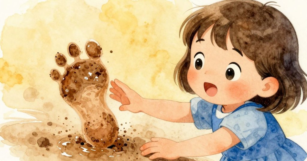 艾拉俯視著濕潤蹄印細節，伸手輕觸周圍軟泥和細沙，畫面充滿探索與好奇情緒。