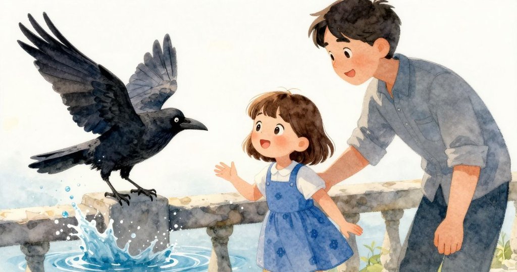 從動物視角看，一隻渡鴉落在石質欄杆上，水花四濺，遠處艾拉靜靜觀察，情節逐步展開。