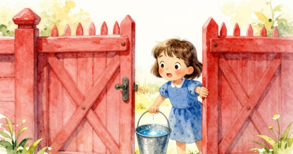 艾拉走向敞開的大門，水珠映出耀眼光芒，母雞在水旁鳴叫，農場充滿活力與溫暖光線。