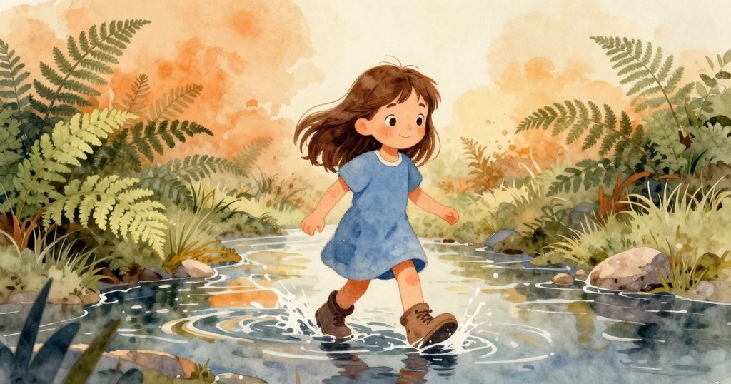 六月在小溪邊行走，水花濺起她的腳踝，背景是綠意盎然的蕨類植物與活潑昆蟲，充滿早晨柔和光線