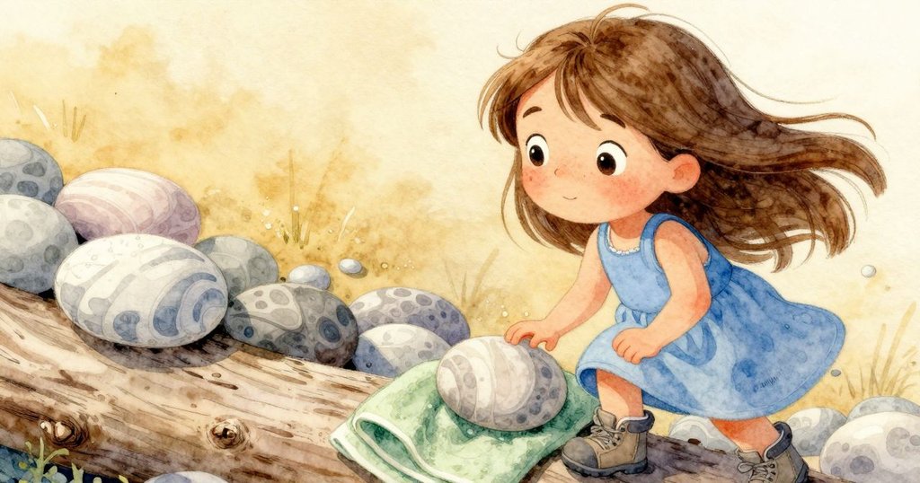 細緻特寫展示平滑卵石上隱約彎曲紋路與樹墩上晾曬的綠色毛巾，呈現大自然隱藏的美