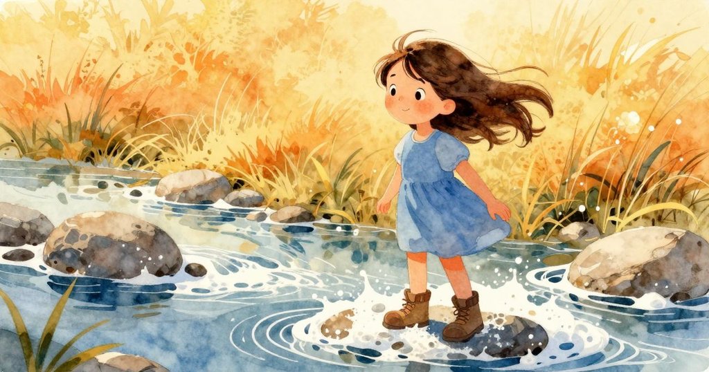 六月的髮絲被微風輕撫，石頭上白色泡沫隨著陽光舞動，呈現出一幅寧靜而動態的自然畫面