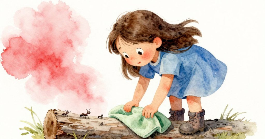 六月俯身觀察綠色毛巾上緩緩行進的小螞蟻，充滿好奇和樂趣，呈現出自然生態的生動魅力