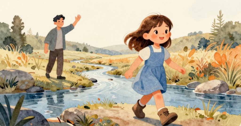 六月面帶愉悅微笑離開溪邊小徑，彼岸一位長者溫柔揮手告別，畫面舒展出冒險故事的溫馨結尾