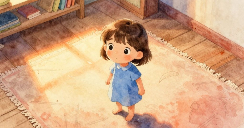 六月在溫暖晨光中探訪房間，從上方角度可見牆上鉛筆痕跡、凹陷地毯和塵封書架，表現出好奇和探索之情