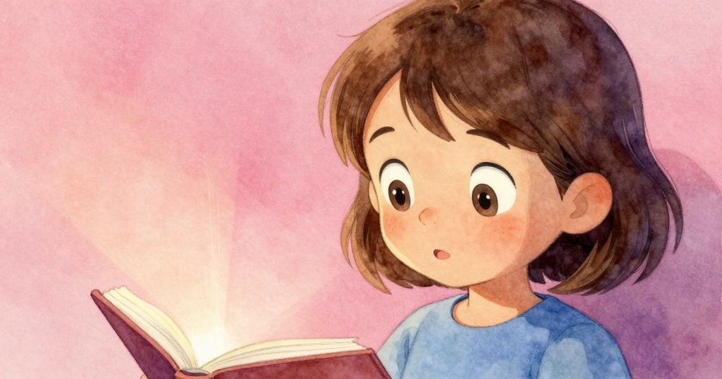 六月凝視書本縫隙中明亮光束，眼神充滿驚奇與探索，背景呈現溫馨房間細節