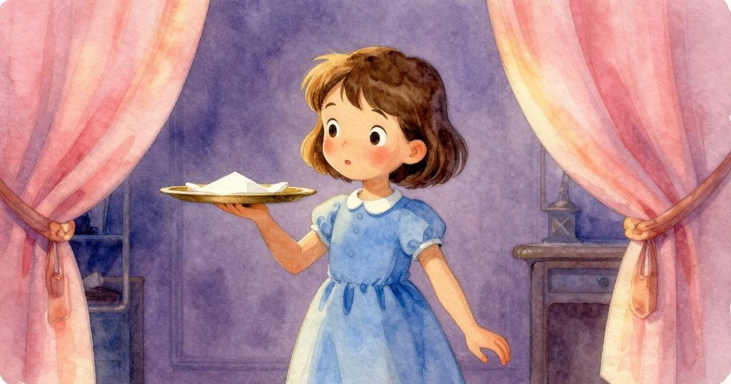 頁面插畫中微小侍者小心托著空閃盤與白餐巾，背景窗簾輕舞，呈現幻想與溫馨融合之美