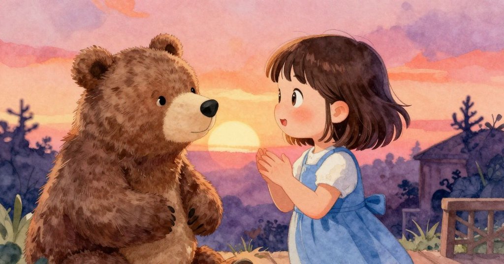 六月與柔軟玩偶熊在溫暖光線中共享喜悅，彼此交流慶祝發現奇幻之旅，房間充滿魔法氛圍