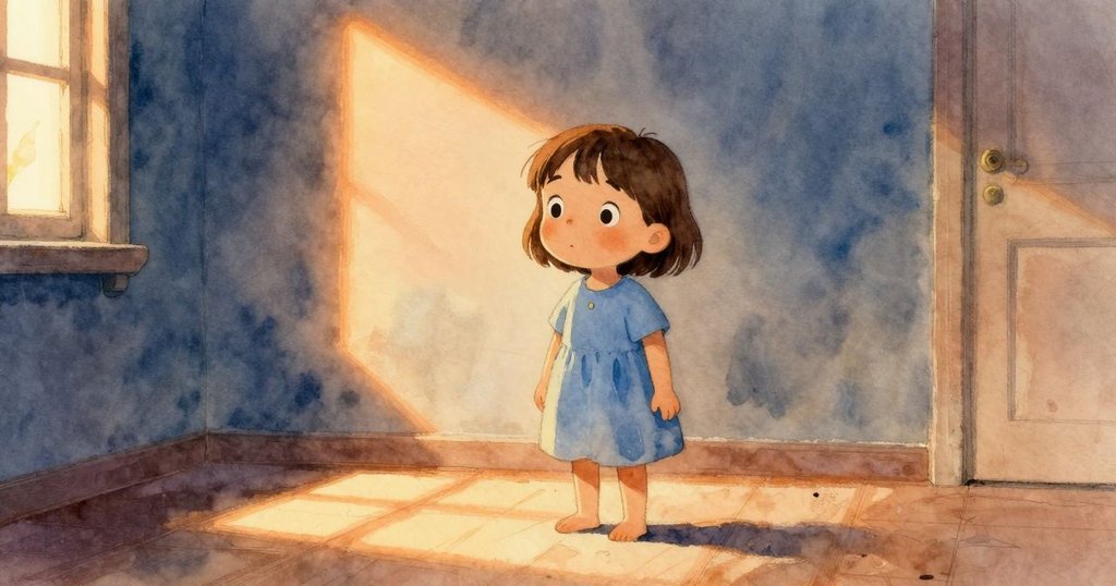 黃昏時分，房間充滿金色光線，六月靜立沉思，牆上鉛筆痕跡在溫暖光芒下隱約重現，洋溢寧靜與奇妙