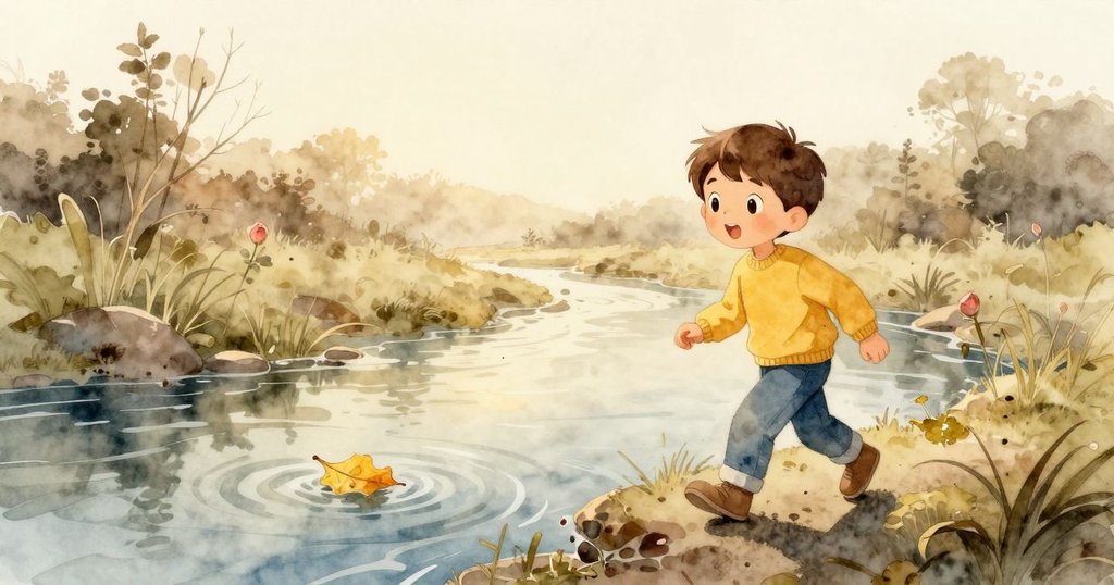 雷米在清晨沿著小溪漫步,黃葉在空中飄舞,光線柔和,充滿期待與寧靜。